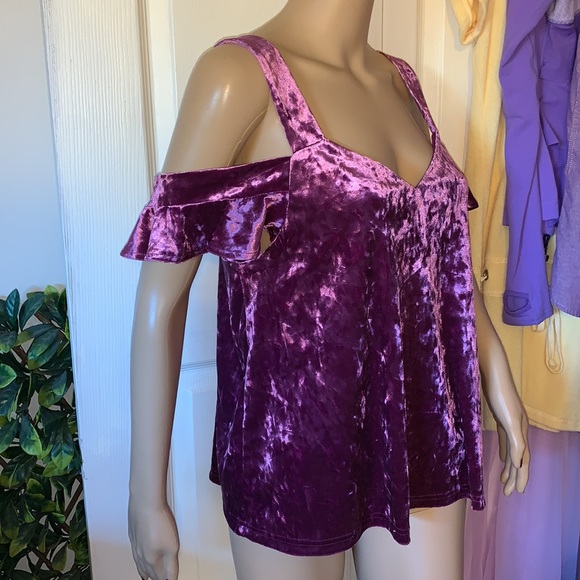 Venus purple velvet velour bare cold shoulder tunic Babydoll shirt top M - Picture 10 of 12